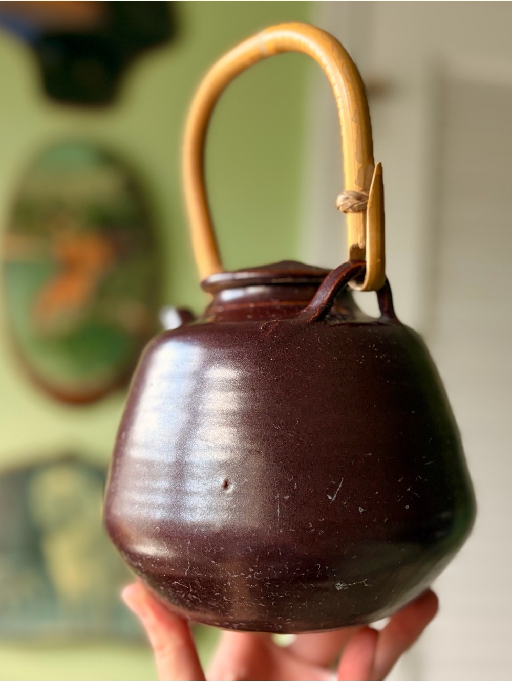 Vintage Pottery Ceramic Burgundy Oriental Teapot Kettle with Bamboo Handle - Picture 3 of 9